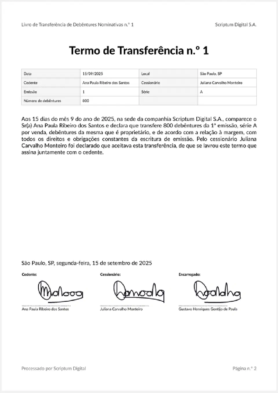 Livro de Transferência de Debêntures Nominativas - Página do interior do livro